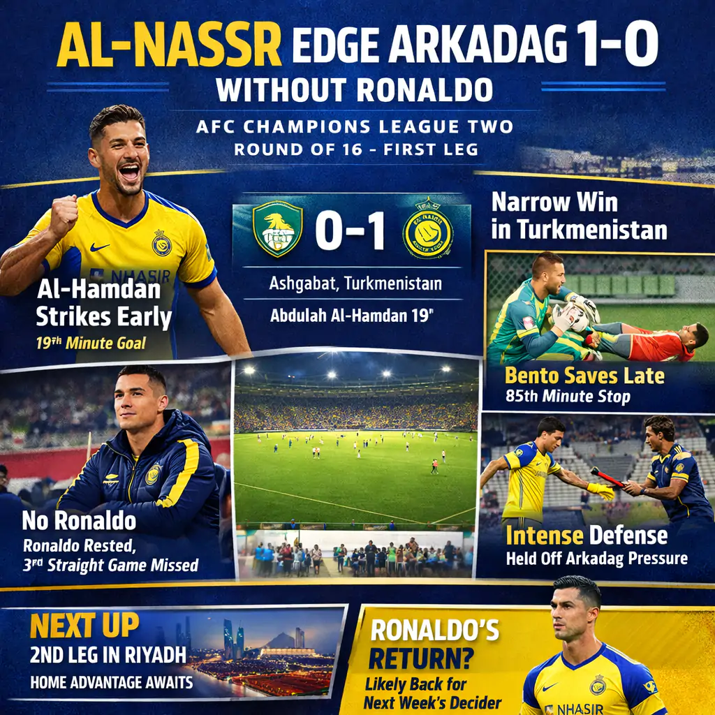 Al-Nassr Edge Arkadag 1-0 Without Ronaldo in AFC Champions League Two 3 Al-Nassr vs Arkadag infographics