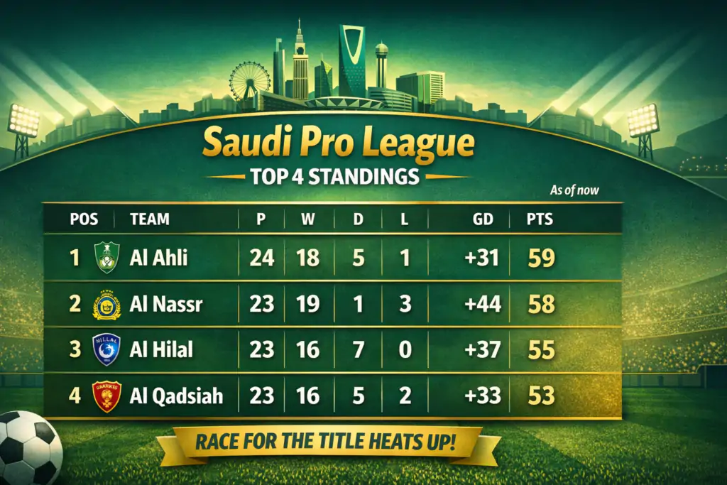 Al Ahli Reclaim Saudi Pro League Top Spot — Own Goal Sinks Al Riyadh as Title Race Gets Ruthless 2 Saudi Pro League 2025/2026 top four standings showing Al Ahli first with 59 points, Al Nassr second with 58, Al Hilal third with 55, and Al Qadsiah fourth with 53
