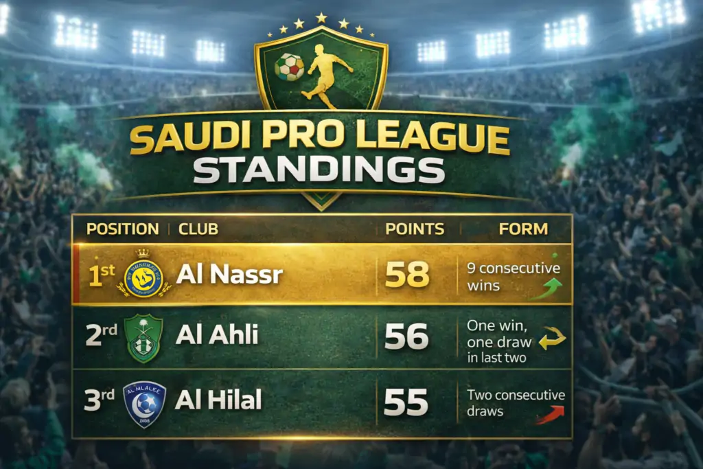 Benzema Injury Hands Ronaldo a Saudi Pro League Title Window 3 Infographic showing Saudi Pro League 2026 standings with Al Nassr first on 58 points after nine consecutive wins, followed by Al Ahli on 56 points and Al Hilal on 55 points, highlighting the tight title race.