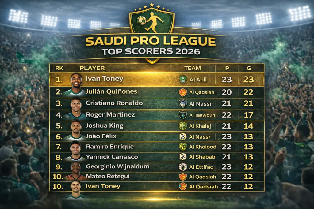 Ivan Toney Leads Saudi Golden Boot Race With 23 Goals 2 Saudi Pro League 2025/26 top scorers infographic showing Ivan Toney leading with 23 goals for Al Ahli, followed by Julián Quiñones on 22 and Cristiano Ronaldo on 21 in the Golden Boot race.