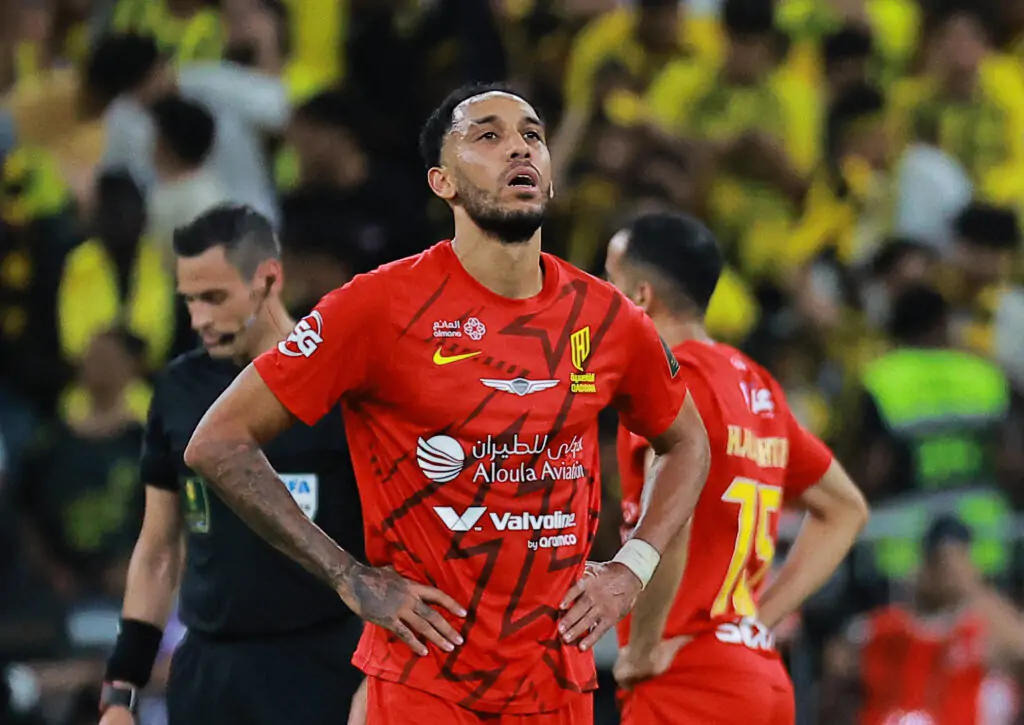 Soccer Football - Saudi King's Cup - Final - Al Ittihad v Al Qadsiah - King Abdullah Sports City, Jeddah, Saudi Arabia - May 30, 2025 Al Qadsiah's Pierre-Emerick Aubameyang looks dejected after Al Ittihad's Karim Benzema scores their third goal.
