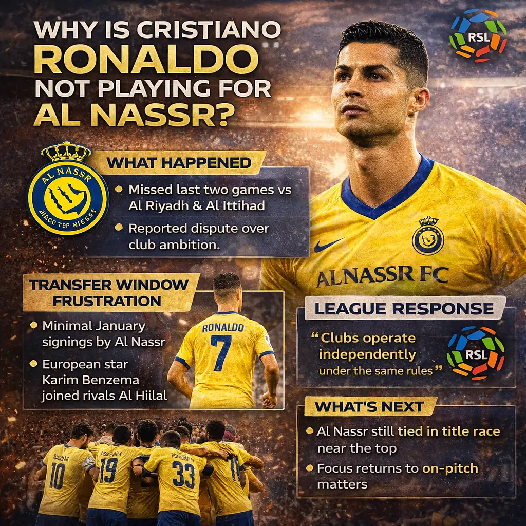 Why is Cristiano Ronaldo Again not playing for Al Nassr vs Al Riyadh? 4 Ronaldo misses 2nd Al-Nassr game infographics