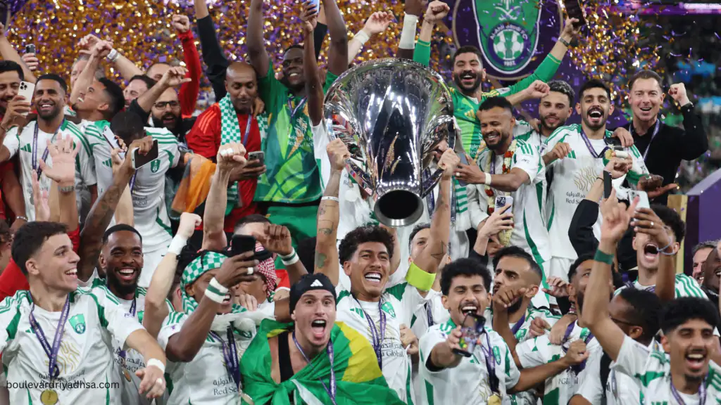 Al Ahli players celebrate winning the Saudi Pro League 2026 title as they lift the championship trophy in Riyadh